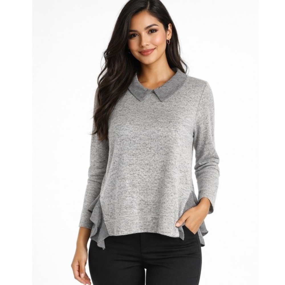 Monteau Los Angeles Gray Knit Top Striped Peter Pan Collar Ruffle Side XL 73-60